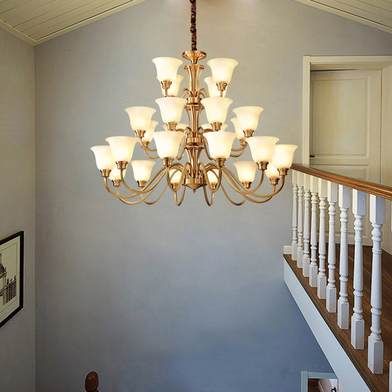 Flared Stairs Ceiling Chandelier Antique Frosted Glass Brass Pendant Lighting Fixture