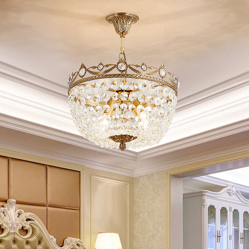 Traditional Bowl Hanging Chandelier Crystal 4 Bulbs Suspension Light in Brass for Hallway