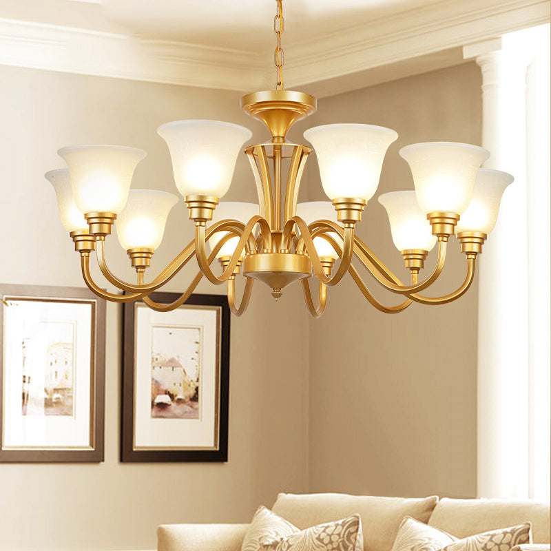 Golden Hanging Chandelier Traditional Frosted Glass Flared Ceiling Light for Living Room