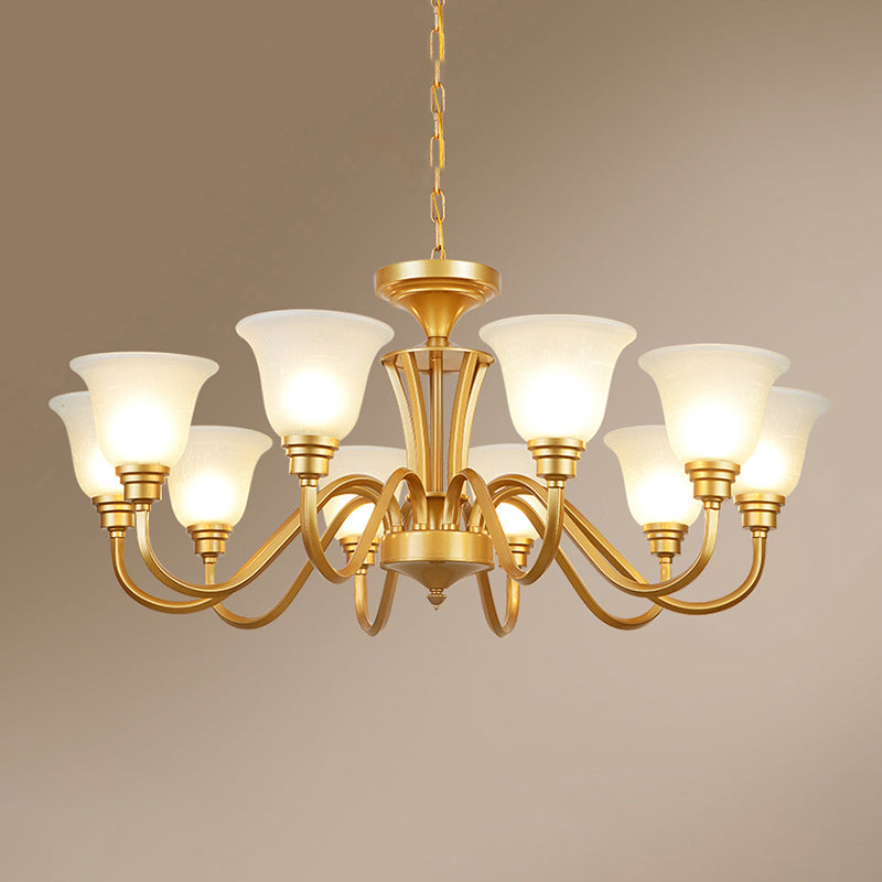 Golden Hanging Chandelier Traditional Frosted Glass Flared Ceiling Light for Living Room