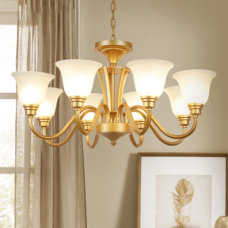 Golden Hanging Chandelier Traditional Frosted Glass Flared Ceiling Light for Living Room
