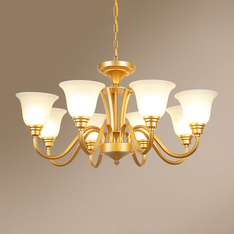 Golden Hanging Chandelier Traditional Frosted Glass Flared Ceiling Light for Living Room