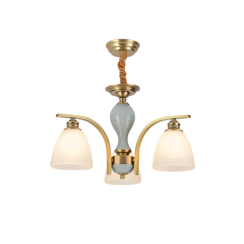 Frosted Glass Brass-Blue Chandelier Bell Shaped Antique Style Hanging Light with Ceramic Deco