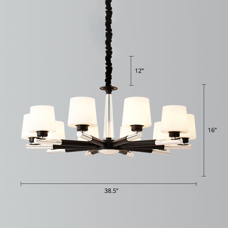 Tapered Frosted White Opal Glass Chandelier Simplicity Living Room Suspension Light in Black