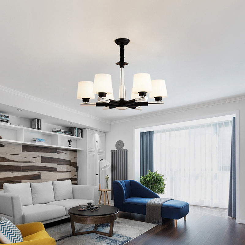 Tapered Frosted White Opal Glass Chandelier Simplicity Living Room Suspension Light in Black