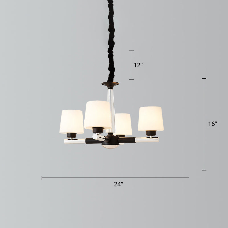 Tapered Frosted White Opal Glass Chandelier Simplicity Living Room Suspension Light in Black
