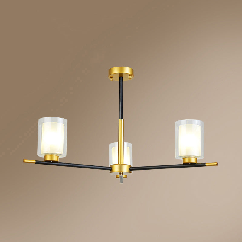 Clear and Frosted Cylinder Suspension Lamp Minimalist Dining Room Chandelier in Black-Brass
