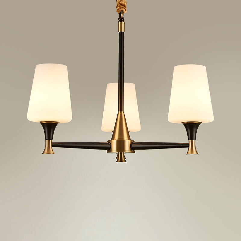 Conical White Glass Chandelier Light Traditional Bedroom Ceiling Suspension Lamp in Black