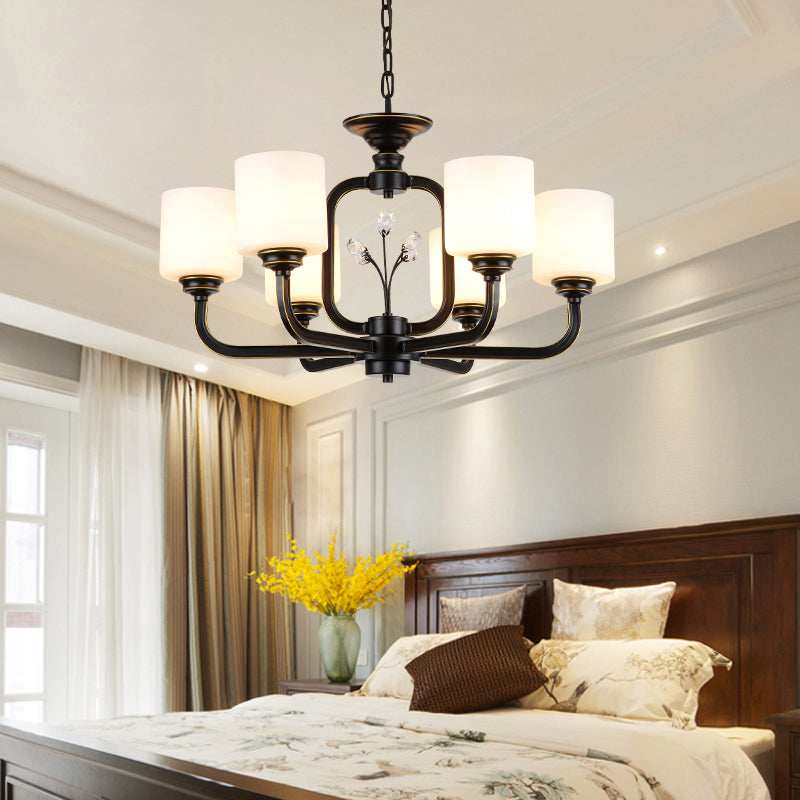 Cylinder Living Room Hanging Pendant Light Vintage Style Milky Glass Chandelier Lamp