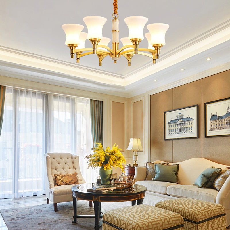 Traditional Flare Chandelier Lighting Fixture Opal Frosted Glass Pendant Lamp for Bedroom
