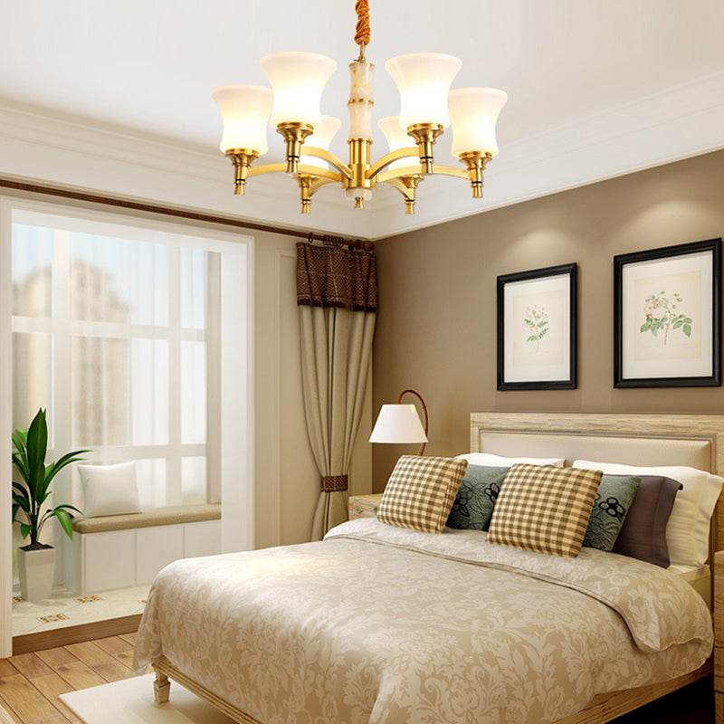 Traditional Flare Chandelier Lighting Fixture Opal Frosted Glass Pendant Lamp for Bedroom