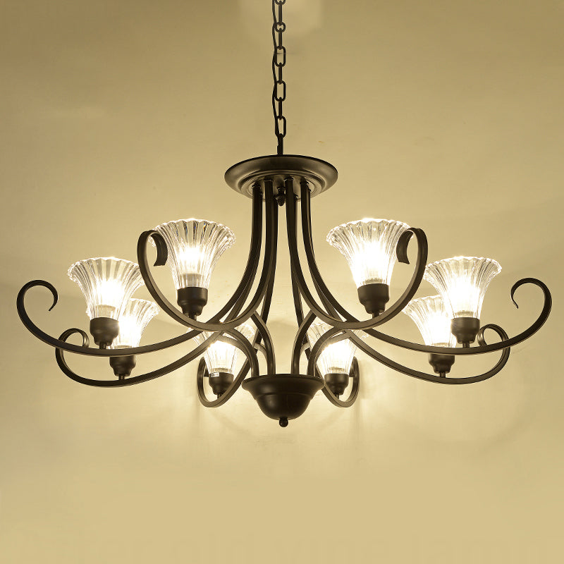 Klares geripptes Glas ausgestattet Kronleuchter Retro -Salondecke -Anhänger Licht mit Wirbelarm in Schwarz