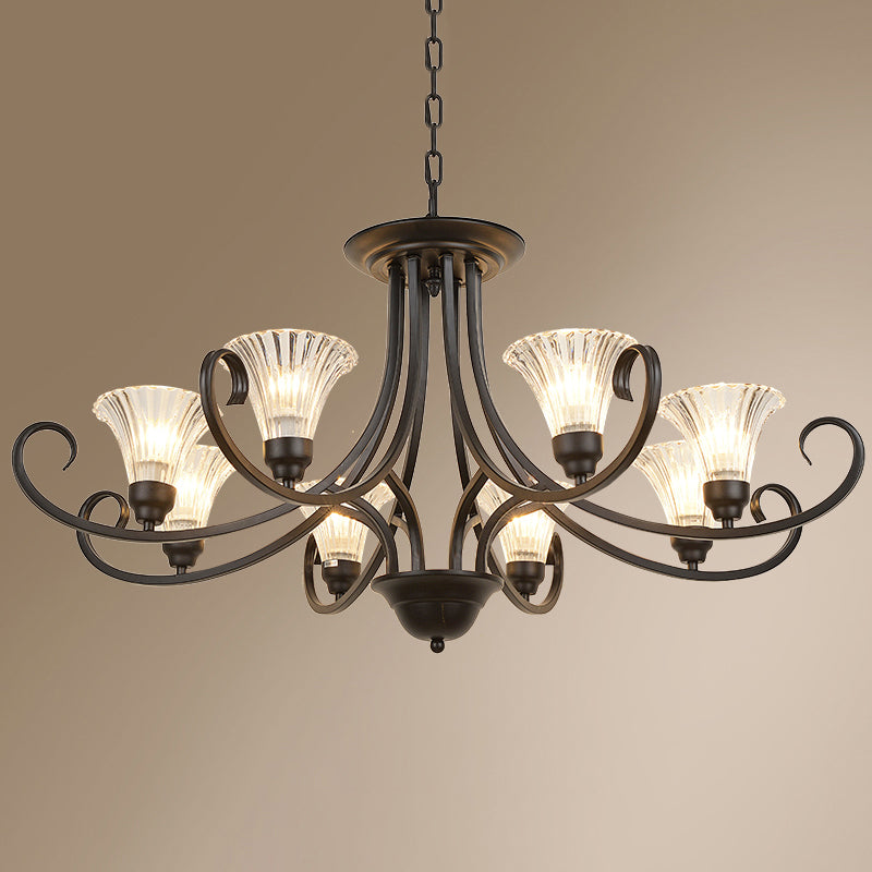 Klares geripptes Glas ausgestattet Kronleuchter Retro -Salondecke -Anhänger Licht mit Wirbelarm in Schwarz