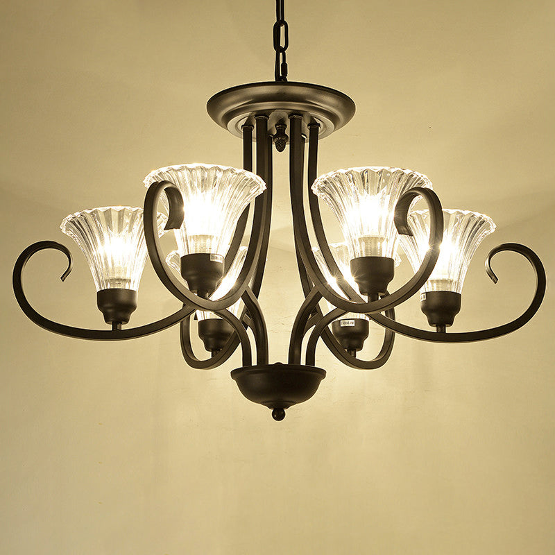 Klares geripptes Glas ausgestattet Kronleuchter Retro -Salondecke -Anhänger Licht mit Wirbelarm in Schwarz