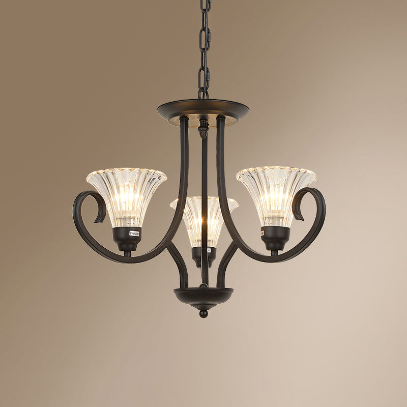 Klares geripptes Glas ausgestattet Kronleuchter Retro -Salondecke -Anhänger Licht mit Wirbelarm in Schwarz
