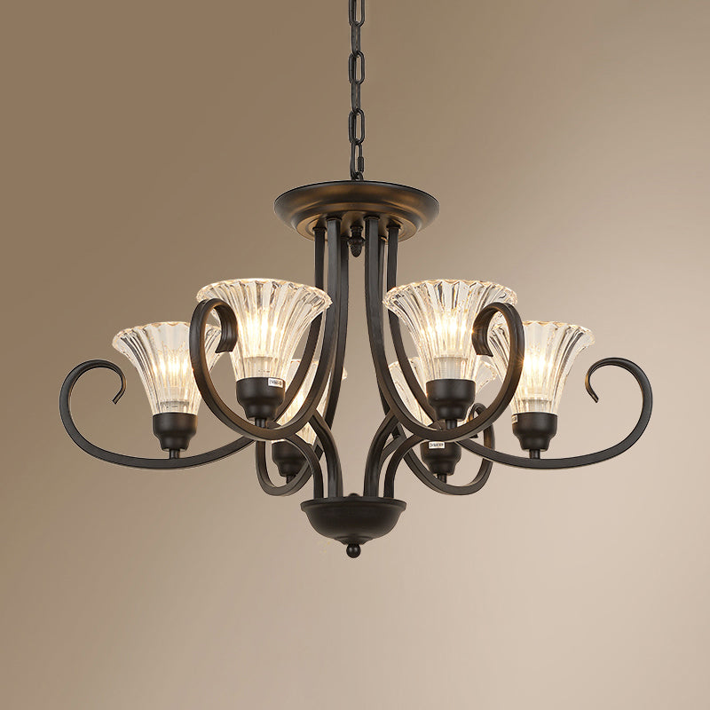 Klares geripptes Glas ausgestattet Kronleuchter Retro -Salondecke -Anhänger Licht mit Wirbelarm in Schwarz