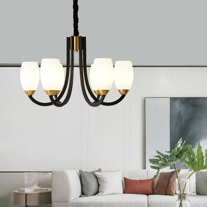 Swooping Arm Chandelier Traditional White Frosted Glass Hanging Light Fixture for Living Room
