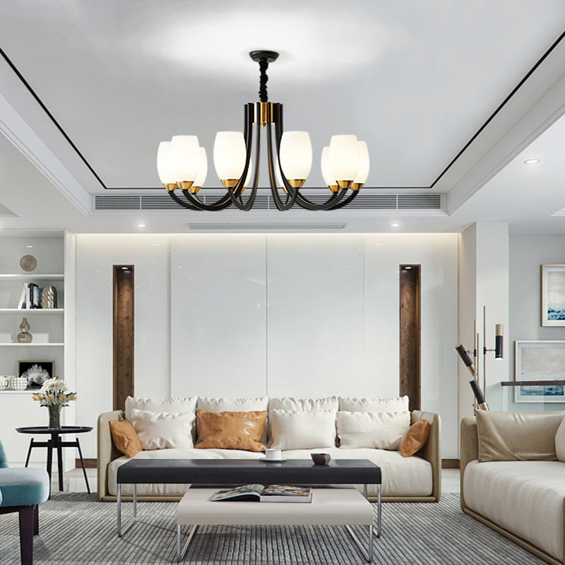 Swooping Arm Chandelier Traditional White Frosted Glass Hanging Light Fixture for Living Room