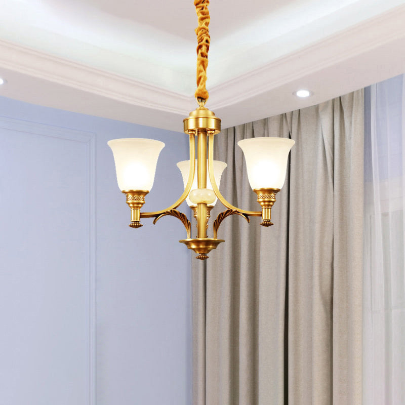 Brass Flared Up Chandelier Antique Style Opaline Glass Bedroom Suspended Lighting Fixture