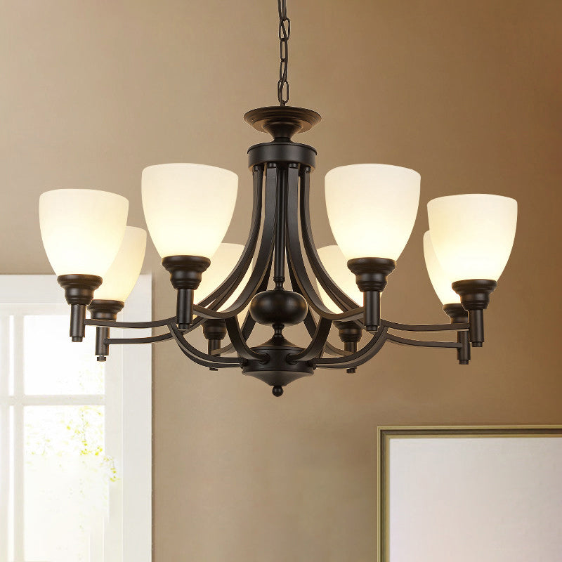 Black Ceiling Pendant Light Vintage White Glass Bell Shaped Chandelier for Dining Room