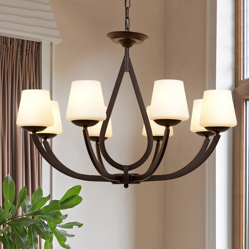 Metal Black Finish Chandelier Swoop Arm Vintage Pendant Light with Conical Milk Glass Shade