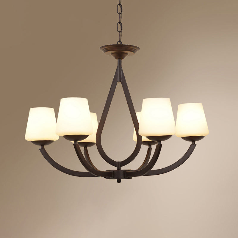 Metall schwarzer Finish Kronleuchter Swoop Arm Vintage Anhänger Licht mit konischem Milchglas Schatten