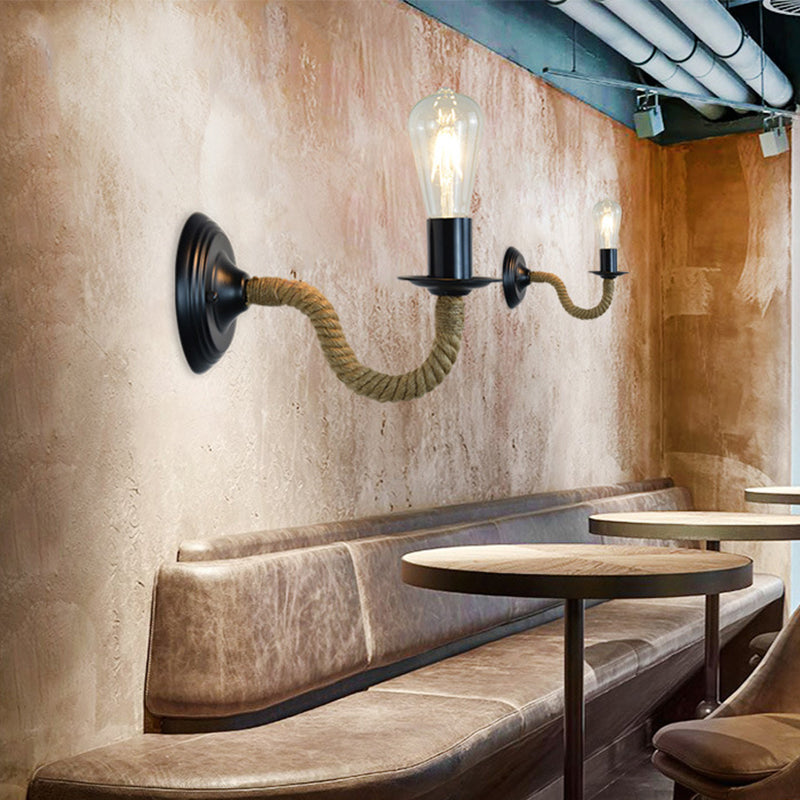 Traditional Bare Bulb Sconce Light Fixture 1-Light Metal Wall Mounted Light with Rope-Wrapped Arm in Black
