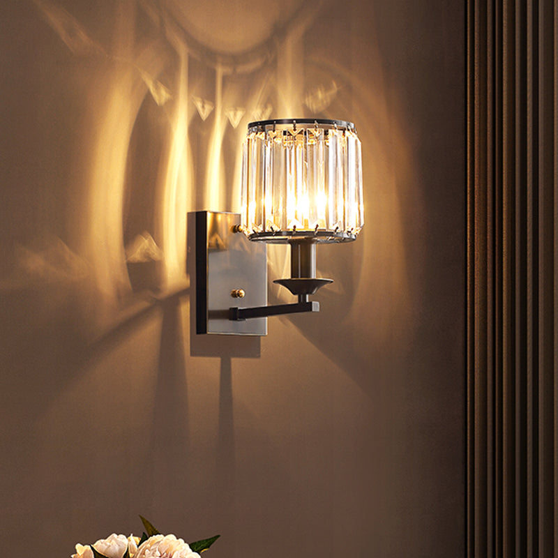 Simplicity Cylinder Wall Lamp Fixture 1-Bulb Prismatic Crystal Sconce Lighting in Black