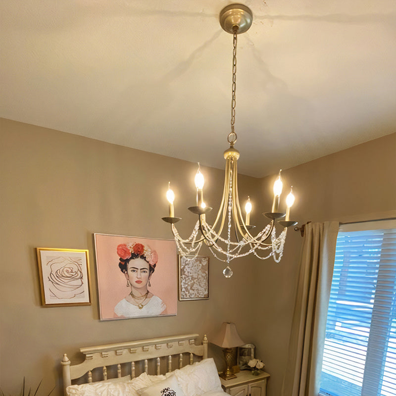Candle Style Bedroom Chandelier Countryside Metal 6-Light Suspension Lighting with Crystal Deco