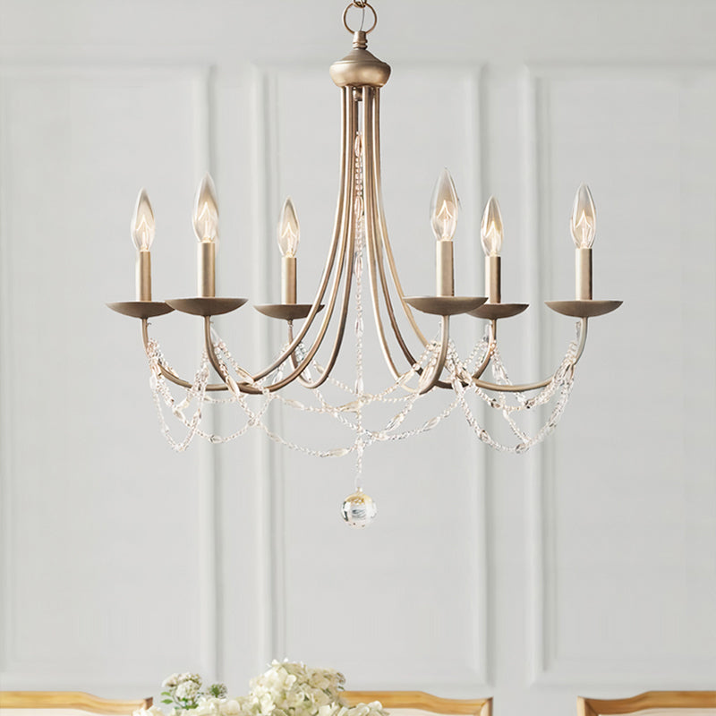 Candle Style Bedroom Chandelier Countryside Metal 6-Light Suspension Lighting with Crystal Deco