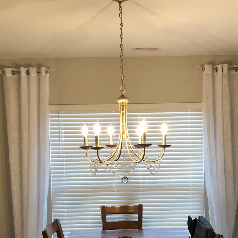 Candle Style Bedroom Chandelier Countryside Metal 6-Light Suspension Lighting with Crystal Deco