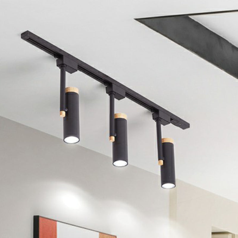 Nordic Tubular Semi Flush Mount Spotlight Metallic Living Room Track Light with Wood Cap