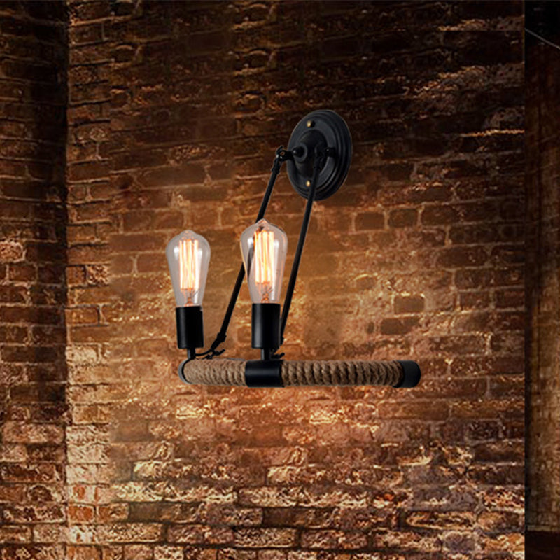 Expose Bulb Metal Wall Light Vintage 2-Light Porch Wall Sconce Lighting with Rope-Woven Arm in Black