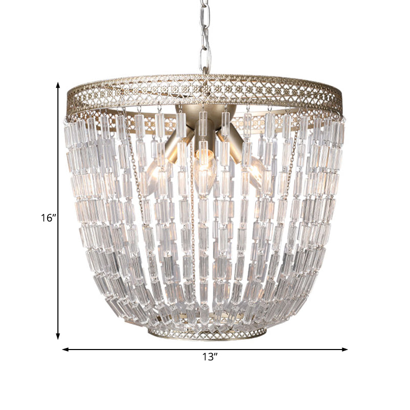 Dome Pendant Chandelier Traditional Crystal 3 Bulbs Aged Silver Hanging Ceiling Light
