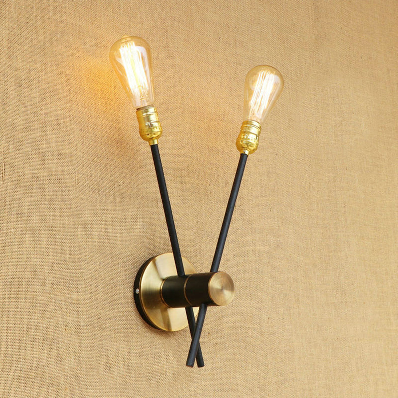 Black-Gold 2/3-Light Sconce Light Traditional Wrought Iron Exposed Bulb Wall Lamp for Bedroom