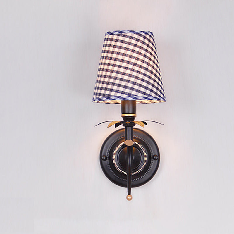 Blue Single Head Wall Mount Light Traditional Metal Conical Sconce Light with Lattice Fabric Shade