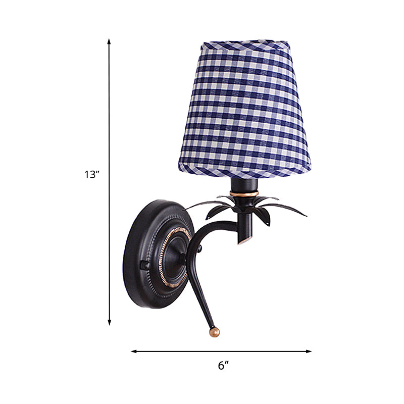 Blue Single Head Wall Mount Light Traditional Metal Conical Sconce Light with Lattice Fabric Shade