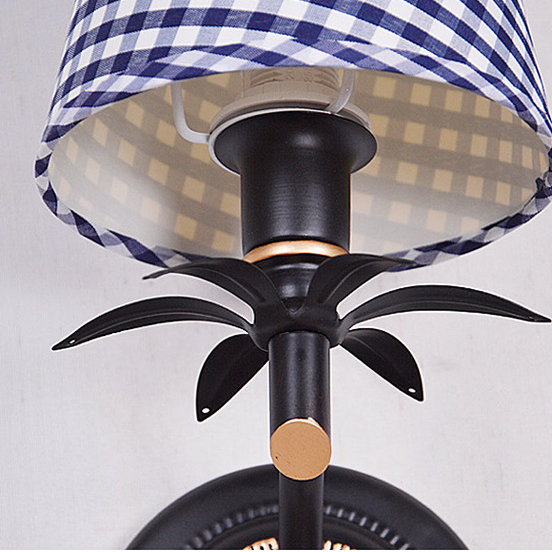 Blue Single Head Wall Mount Light Traditional Metal Conical Sconce Light with Lattice Fabric Shade