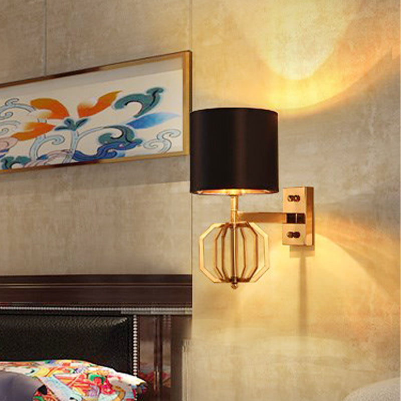 Metal Cylinder Wall Sconce Vintage 1-Bulb Bedroom Wall Light Fixture with Fabric Shade in Blue