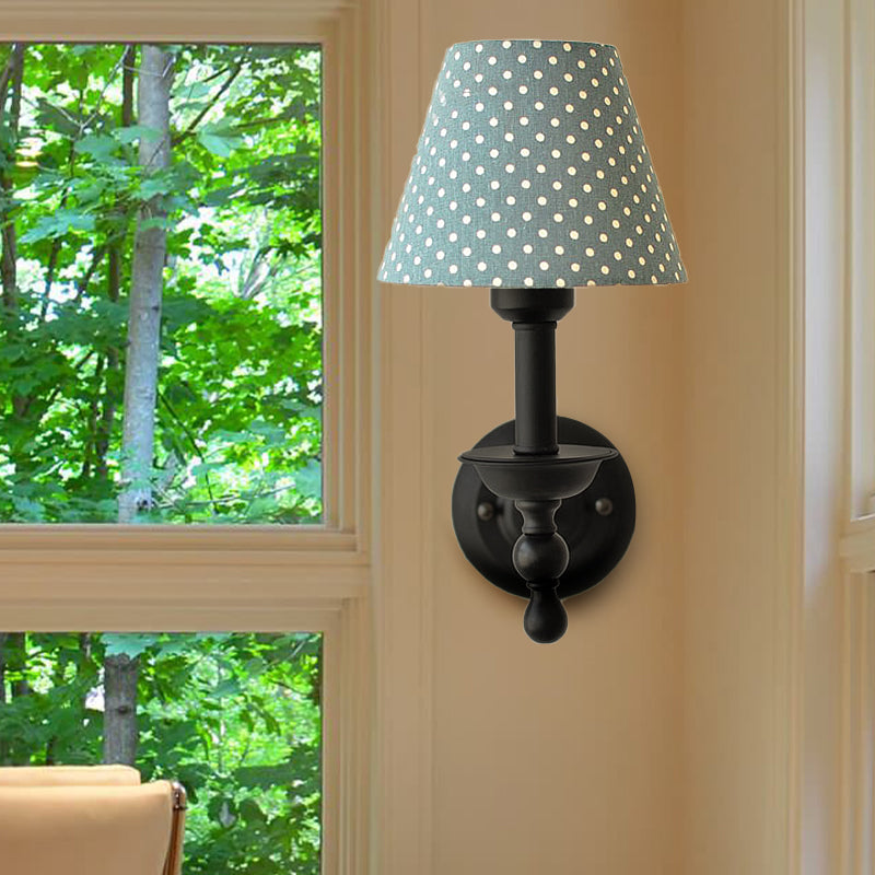 Modern Tapered Sconce Light Fixture 1-Light Metal Wall Mounted Light with Dot Fabric Shade in Coffee/Blue