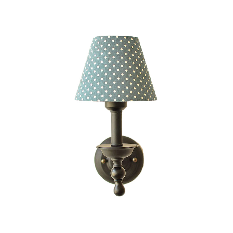 Modern Tapered Sconce Light Fixture 1-Light Metal Wall Mounted Light with Dot Fabric Shade in Coffee/Blue