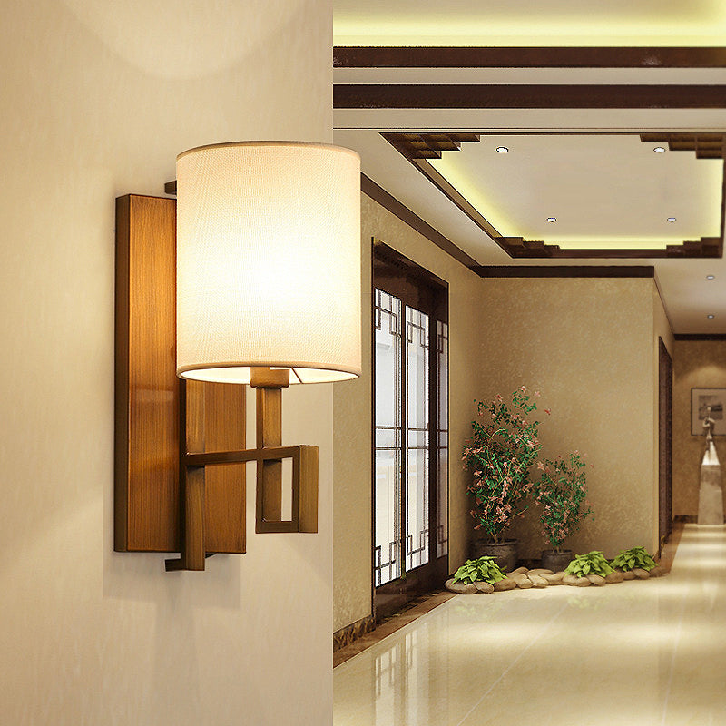 Black/Bronze 1-Bulb Wall Light Fixture Vintage Fabric Cylinder Shade Wall Sconce for Hallway