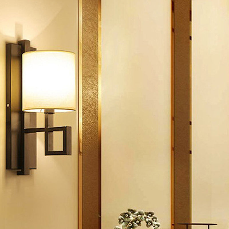Black/Bronze 1-Bulb Wall Light Fixture Vintage Fabric Cylinder Shade Wall Sconce for Hallway