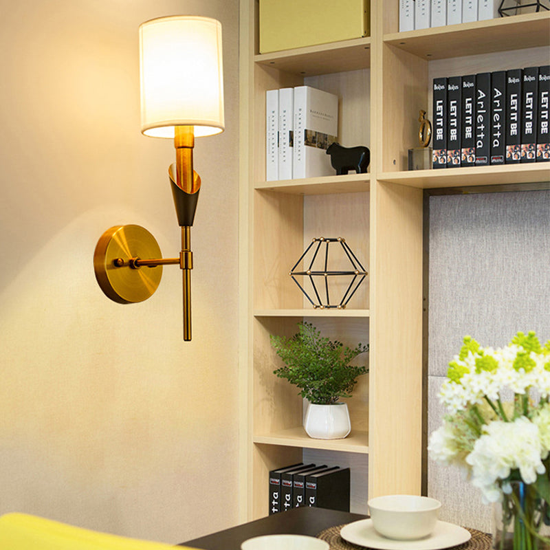 Cylinder Living Room Wall Sconce Light Traditional Metal 1/2-Light Gold Wall Lamp with Fabric Shade
