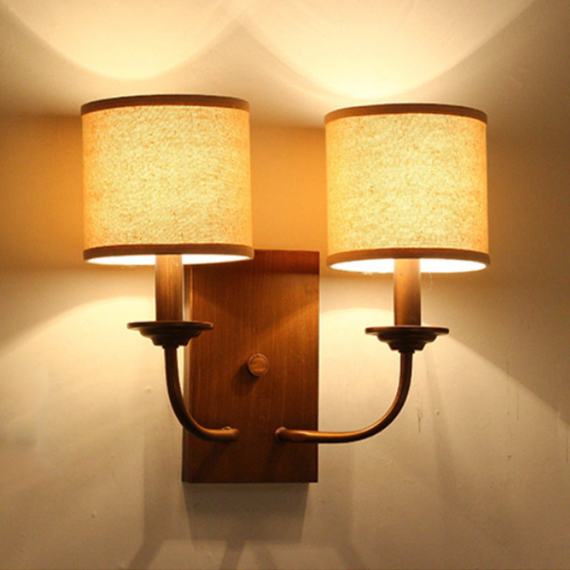 Fabric Shade Cylindrical Wall Lamp Vintage Style 1/2-Light Bedroom Wall Light Sconce in Flaxen