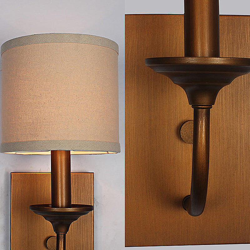 Fabric Shade Cylindrical Wall Lamp Vintage Style 1/2-Light Bedroom Wall Light Sconce in Flaxen