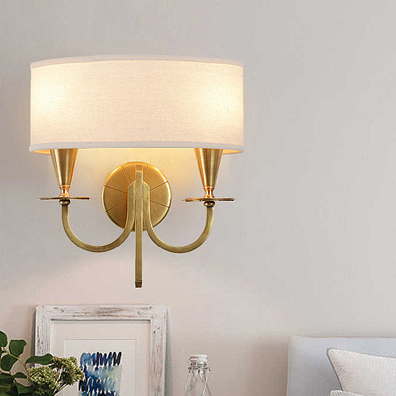Brass Cylinder Sconce Light Retro Fabric Shade 1/2-Light Bedroom Wall Lamp with Metal Arched Arm