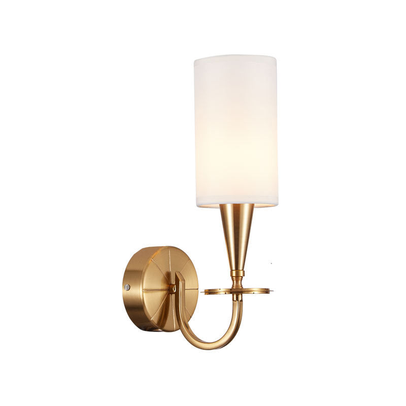 Brass Cylinder Sconce Light Retro Fabric Shade 1/2-Light Bedroom Wall Lamp with Metal Arched Arm
