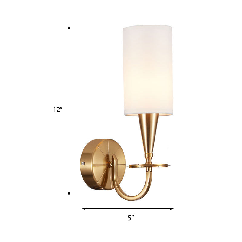 Brass Cylinder Sconce Light Retro Fabric Shade 1/2-Light Bedroom Wall Lamp with Metal Arched Arm