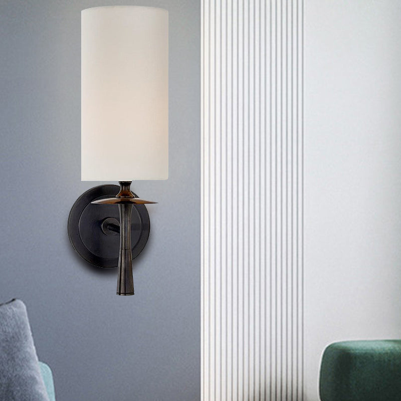 Black/Brass 1 Head Wall Mount Light Traditional Fabric Cylinder Shade Sconce Light for Living Room